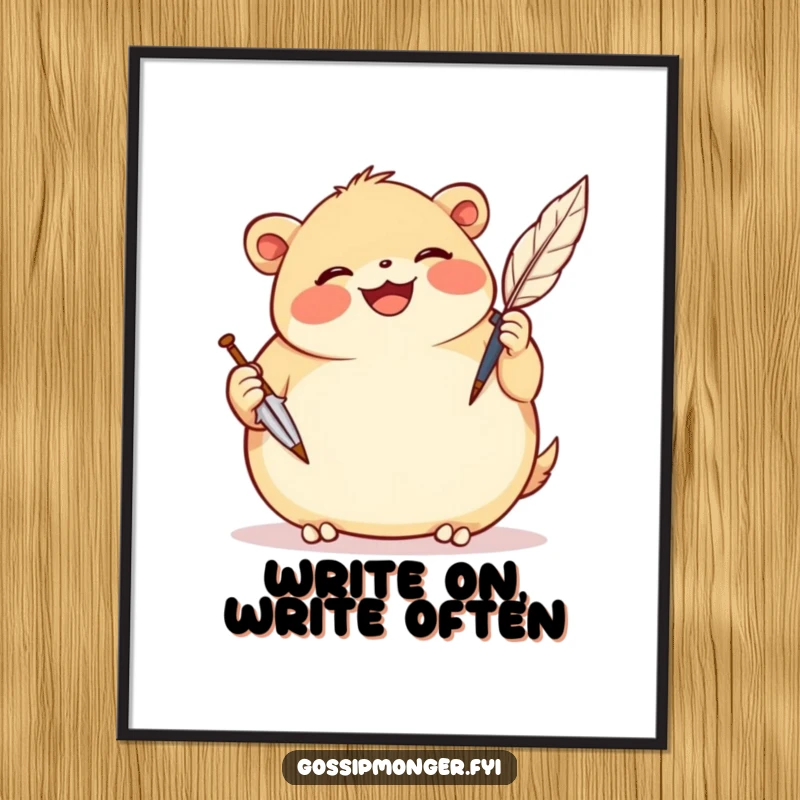 Funny Free Printable Wall Art: A plump, smiling creature gleefully scribbles notes with a comically oversized quill pen.