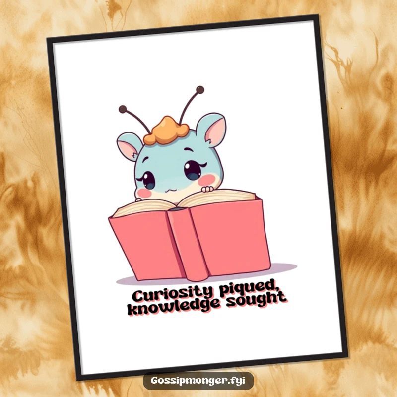 Funny Free Printable Wall Art of a curious creature with twitching antennae peeking from behind a large, open book.
