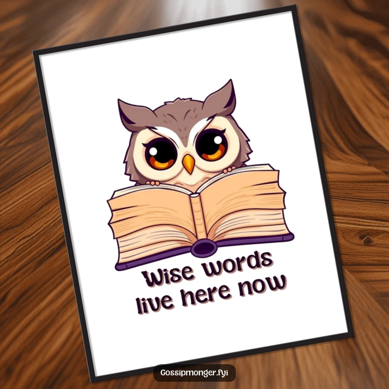 Funny Free Printable Wall Art depicting a curious owl with big eyes peeking over a massive, open book, adding quirky charm.