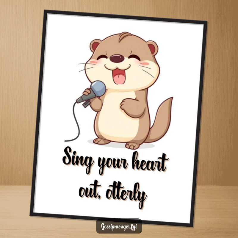 Funny Free Printable Wall Art shows a gleeful otter jamming out, holding a large seashell as a microphone, ready to perform.