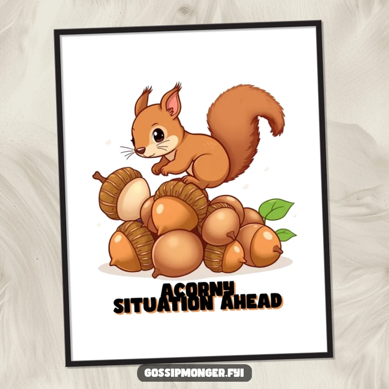 Funny Free Printable Wall Art: Curious brown squirrel with a bushy tail balances precariously on a stack of giant, shiny acorns.