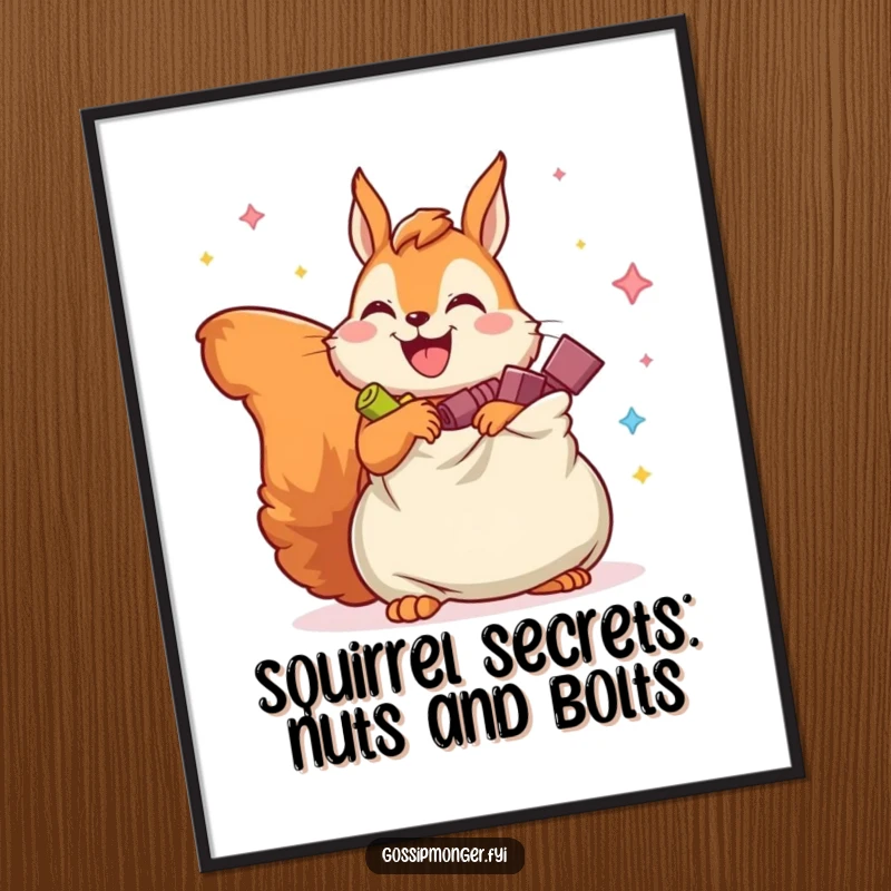 Funny Free Printable Wall Art: A joyful squirrel guards a bag overflowing with its deepest, imaginary secrets.