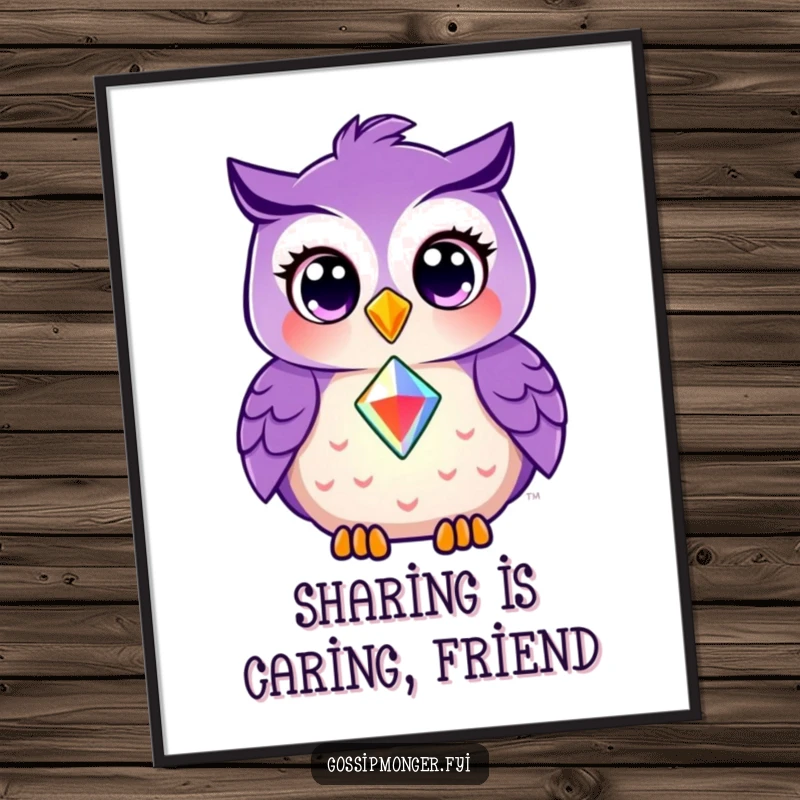 Funny Free Printable Wall Art: A smiling purple owl with wide, expressive eyes shares a dazzling, shining gem with a friend.
