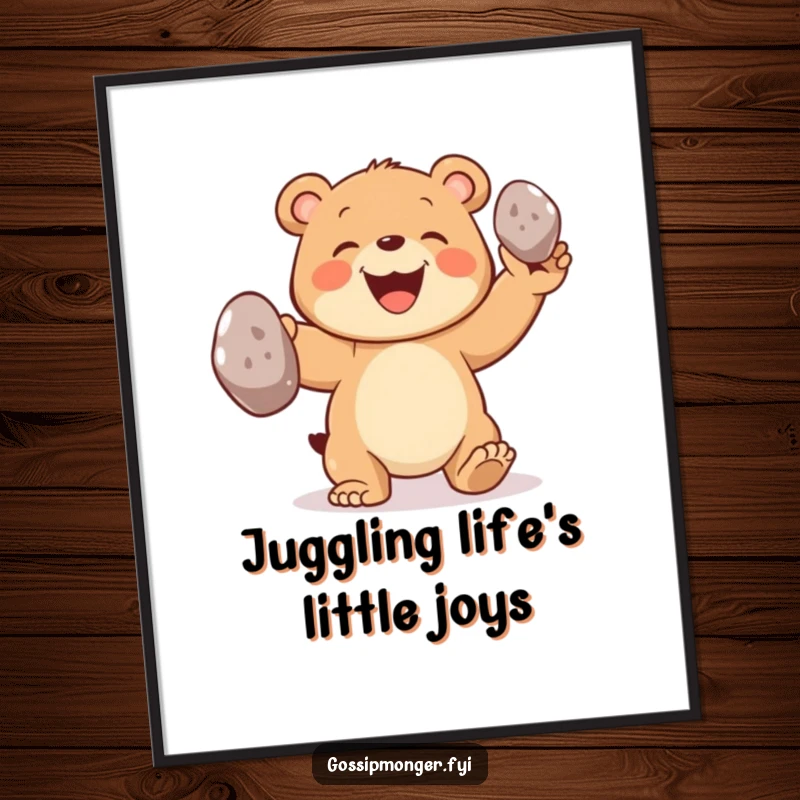 Funny Free Printable Wall Art of a joyful bear cub grinning while juggling three oversized shiny pebbles, perfect for playful decor.