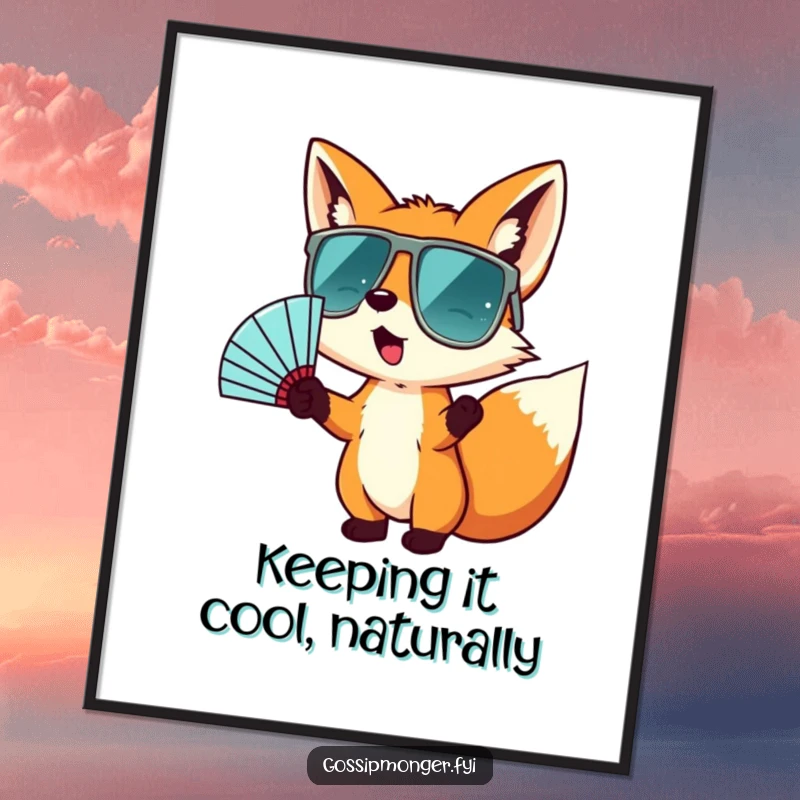 Funny free printable wall art: a tiny fox in oversized sunglasses gestures wildly with a fan, bringing fun to the room.