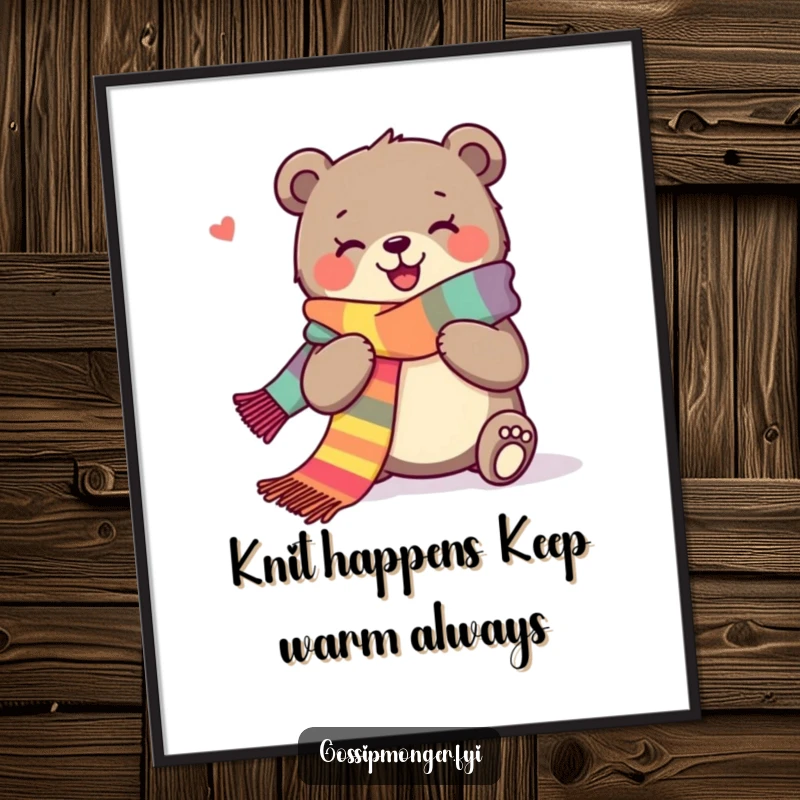 Funny Free Printable Wall Art of a joyous bear happily knitting a very long, colorful scarf, a downloadable piece of art.