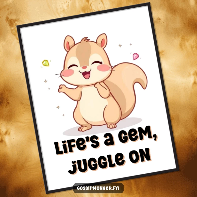 Funny Free Printable Wall Art of a delighted kawaii squirrel juggling sparkling gems, a cheerful and artistic piece.