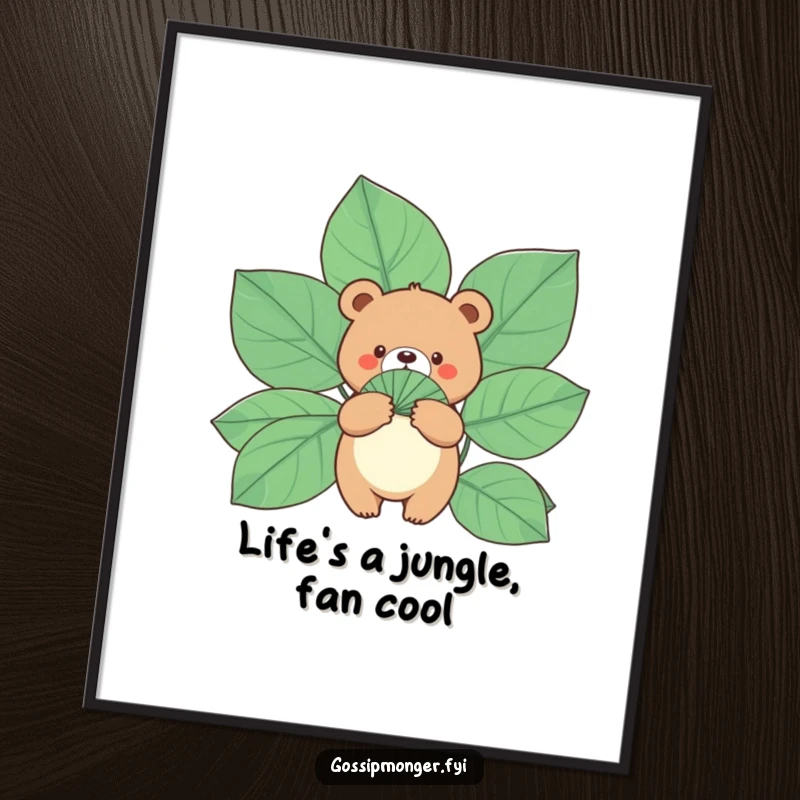 Funny Free Printable Wall Art: Small round bear holding a fan made of gigantic leaves, a cool and quirky downloadable piece.