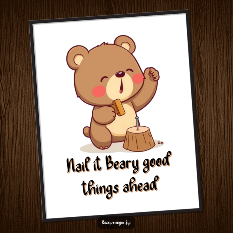 Funny Free Printable Wall Art of a determined bear enthusiastically hammering a tiny nail, a humorous downloadable piece.