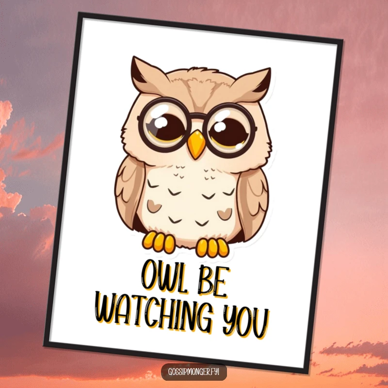 Funny Free Printable Wall Art: A sleepy owl with a monocle, wide awake and looking utterly surprised.