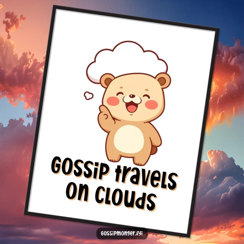 Funny Free Printable Wall Art of a giggling kawaii bear excitedly pointing at a floating, gossipy cloud, adding humor.