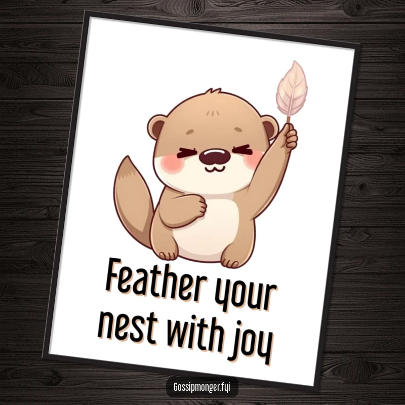 Funny Free Printable Wall Art: Playful otter with a knowing smile holding a delicate, shimmering feather up high.
