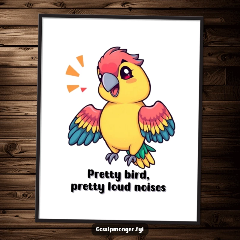 Funny Free Printable Wall Art: Vibrant technicolor parrot with a sassy head tilt, wings poised to mimic a sound.