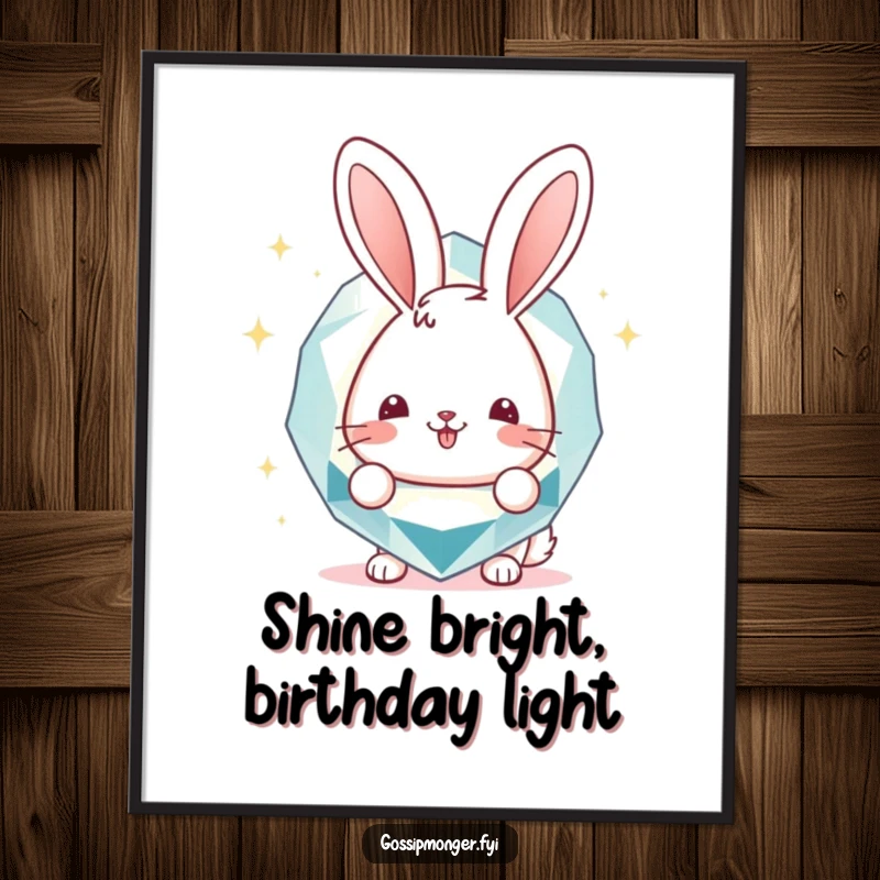 Funny Free Printable Wall Art: Cheerful bunny peeking from behind a giant sparkly gemstone, adding humorous charm to any wall.