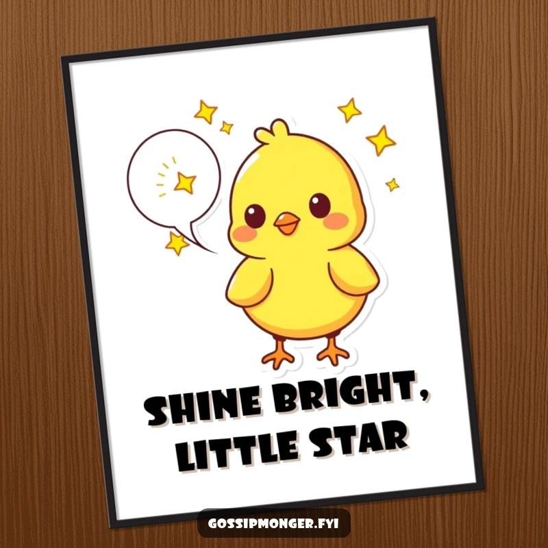 Funny Free Printable Wall Art: A bright yellow chick with a speech bubble full of twinkling stars, whimsical downloadable decor.