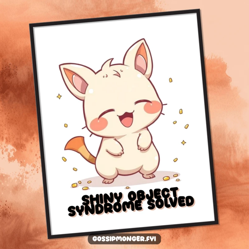 Funny Free Printable Wall Art of a mischievous creature with a pointy tail giggling, scattering tiny shiny objects.