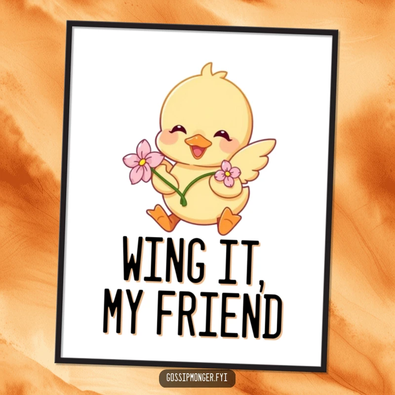 Funny Free Printable Wall Art: A sweet duckling adorned with a flower, fluttering its wings with pure delight.