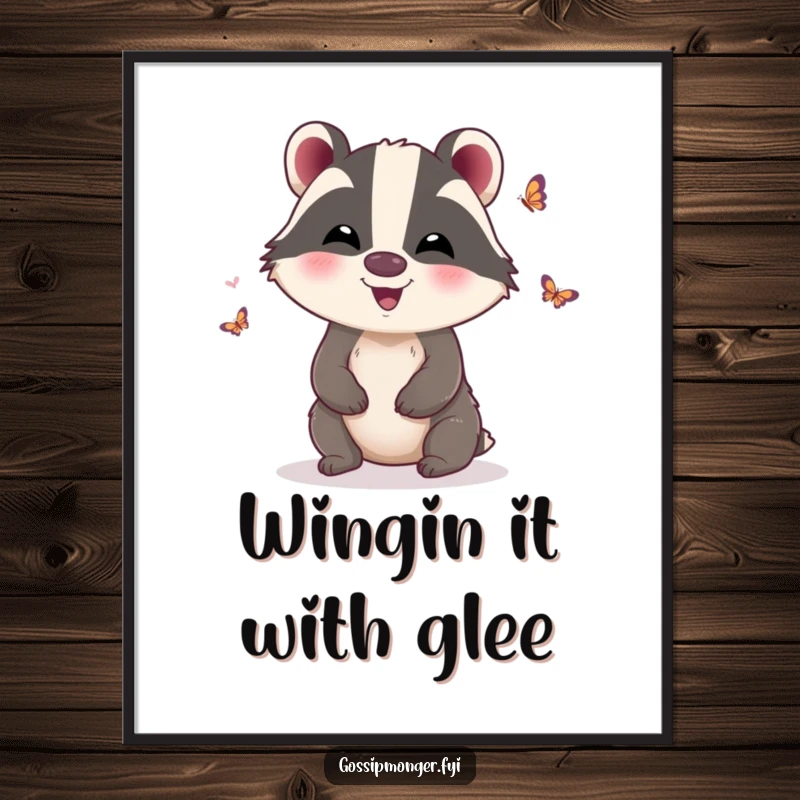 Funny Free Printable Wall Art: Giggling badger flutters tiny, gossipy butterfly wings, adding humorous whimsy to your decor.