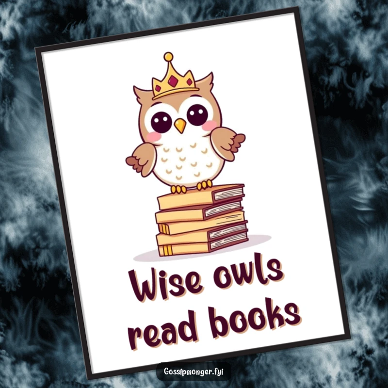 Funny Free Printable Wall Art: Whimsical owl wearing a tiny crown, balancing on a stack of whispering letters. Enchanting and literary decor.