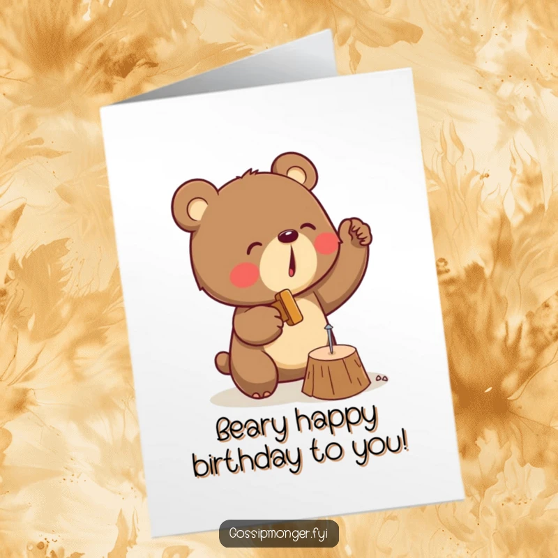 Funny Free Printable Birthday Card featuring a determined bear enthusiastically hammering a tiny nail, perfect for a DIY gift.
