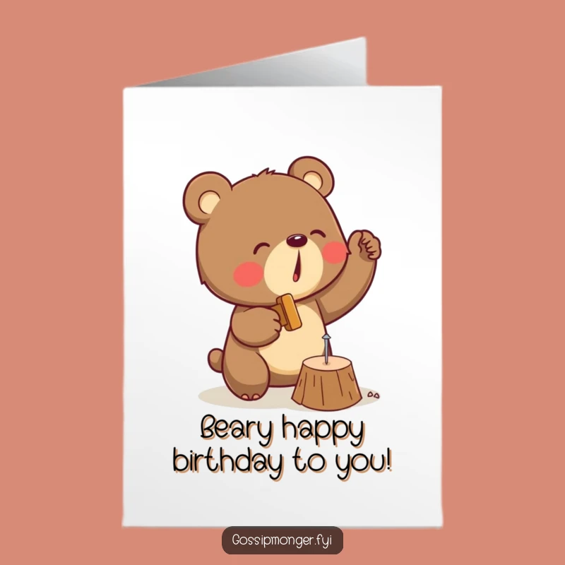 Free Printable Birthday Card: Funny Bear Hammering Nail, Downloadable DIY Gift