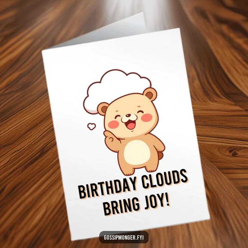 Funny Free Printable Birthday Card featuring a giggling kawaii bear pointing at a floating cloud, spreading gossip and joy.