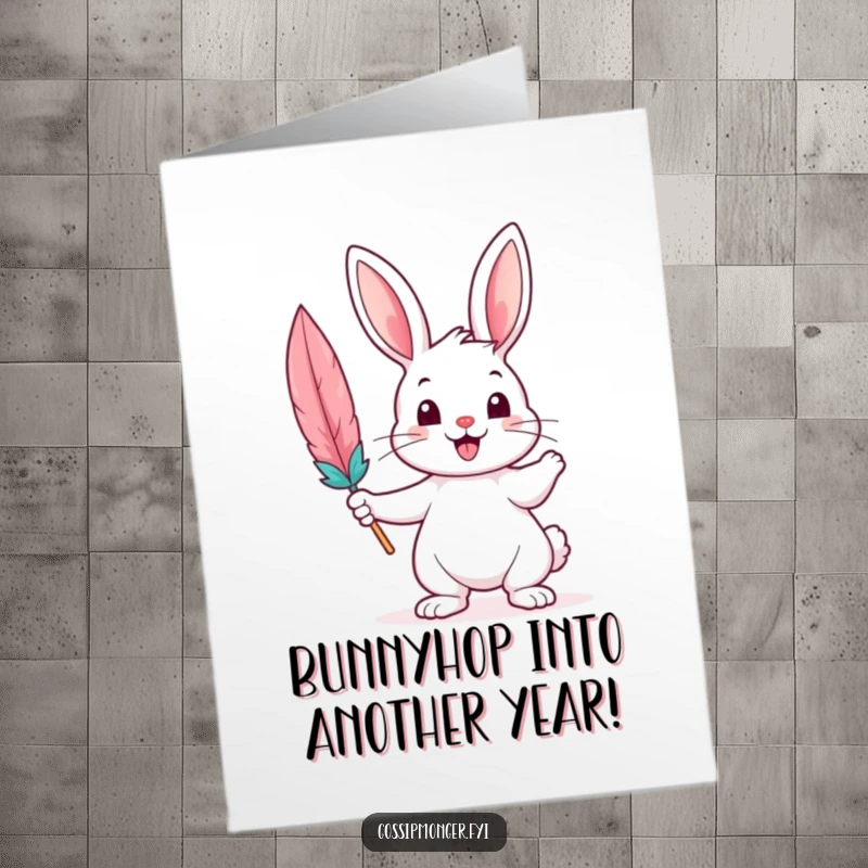 Funny free printable birthday card: cheerful bunny artistically writing with a giant colorful feather quill, ready to send birthday wishes.