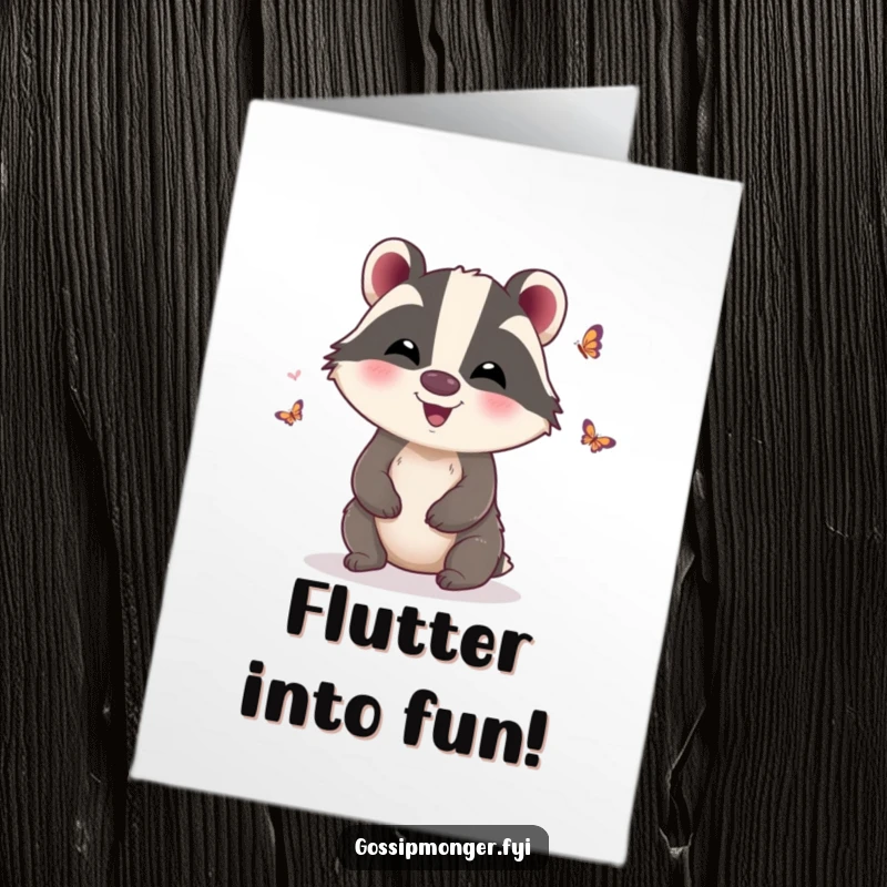 Funny Free Printable Birthday Card: Giggling badger flutters tiny, gossipy butterfly wings, spreading birthday whispers.