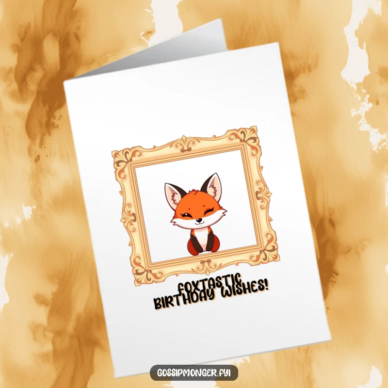 Funny Free Printable Birthday Card: Cheerful red fox with a mischievous wink peeking from an ornate empty frame.