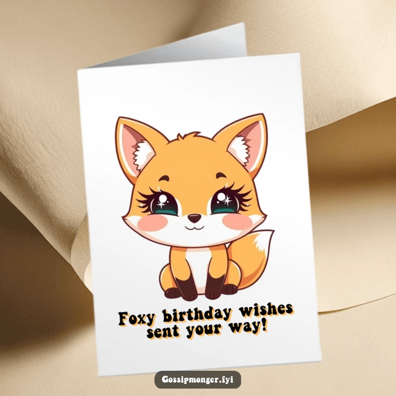 Funny Free Printable Birthday Card: Cheerful fox batting oversized sparkly eyelashes playfully, a flirty downloadable greeting.