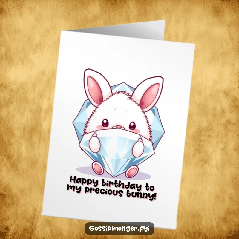 Funny Free Printable Birthday Card: A fluffy bunny curiously peeking from behind a massive, sparkling diamond, celebrating a birthday.