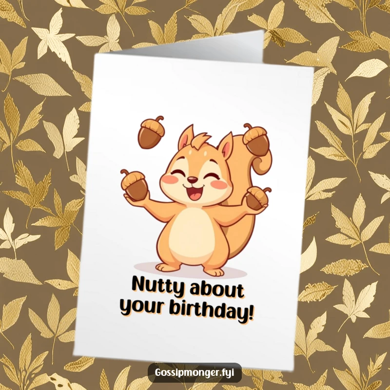 Funny Free Printable Birthday Card featuring a delighted squirrel joyfully juggling a pile of acorns, ready to celebrate.