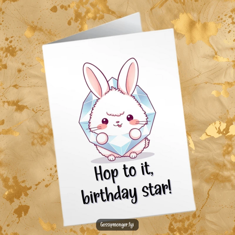 Funny free printable birthday card featuring a round, fluffy bunny peeking mischievously from behind a huge, glittering diamond.