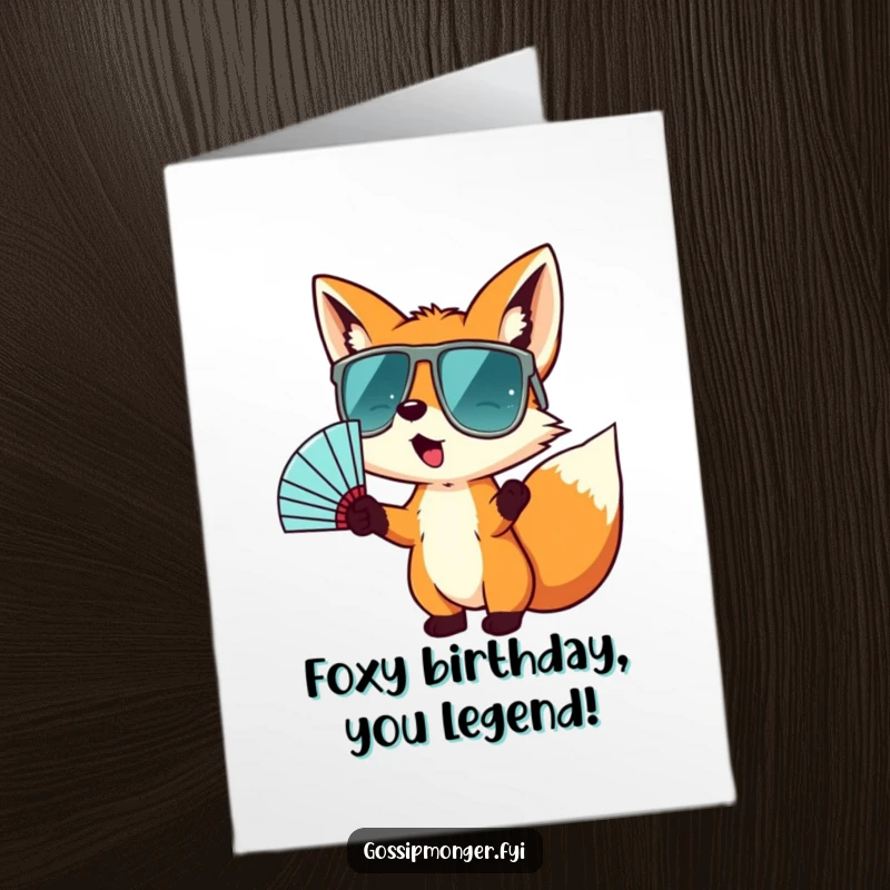 Funny free printable birthday card: a tiny fox in big sunglasses wildly gestures with a fan, ready to celebrate.