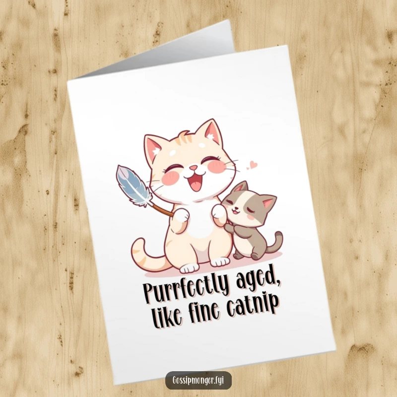 Funny Free Printable Birthday Card: A giggling cat playfully tickles a friend with a feather duster, spreading cheer.