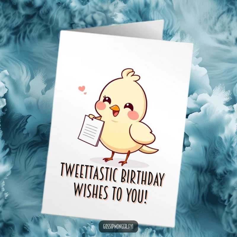 Funny free printable birthday card showing a cheerful bird flying with a small note, clearly carrying secret birthday gossip.