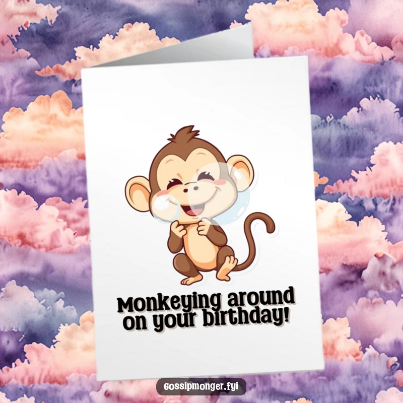 Funny Free Printable Birthday Card featuring a mischievous monkey blowing a large bubble with a playful grin, a downloadable treat.
