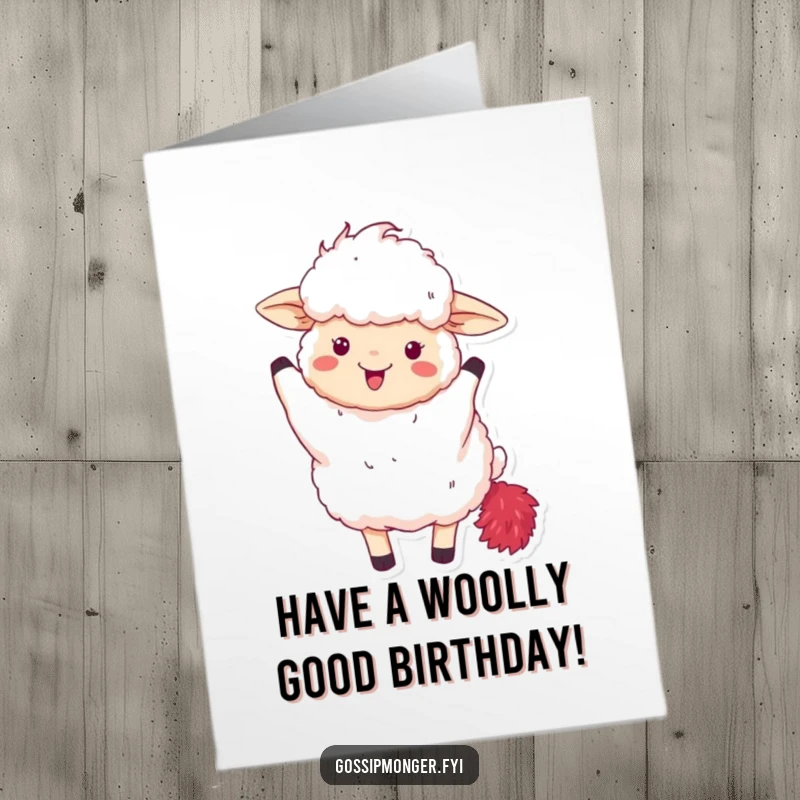 Funny Free Printable Birthday Card: A fluffy sheep excitedly waves a red feather boa, bringing diva energy to birthday wishes.