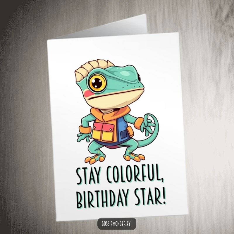 Funny Free Printable Birthday Card: A confident chameleon displaying a unique, vibrant, and eye-catching outfit with flair.