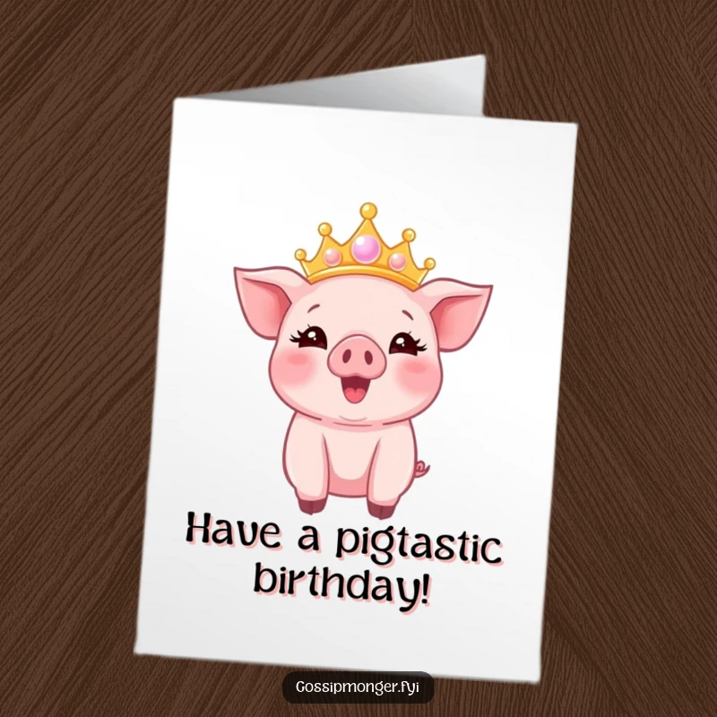Funny Free Printable Birthday Card: A delighted pink piglet wears a crown of shimmering bubbles, radiating pure birthday joy.