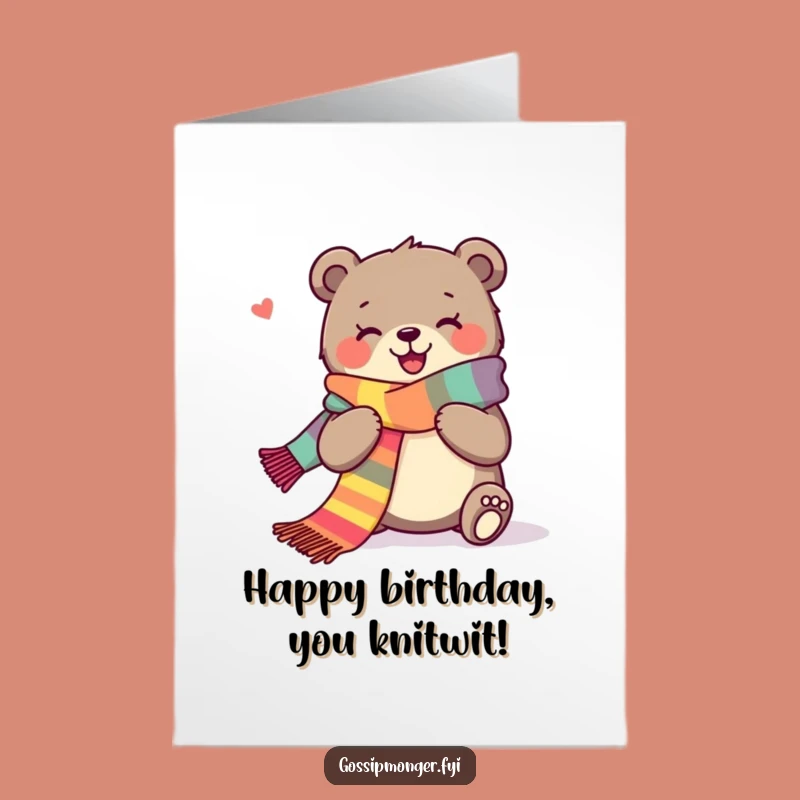 Free Printable Birthday Card: Joyous Bear Knitting Scarf, Downloadable Gift