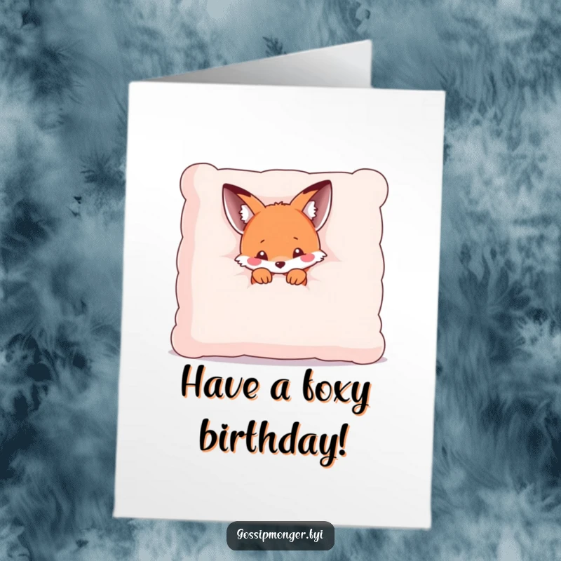 Funny Free Printable Birthday Card: A tiny kawaii fox playfully peeking from behind a huge, fluffy plush pillow.