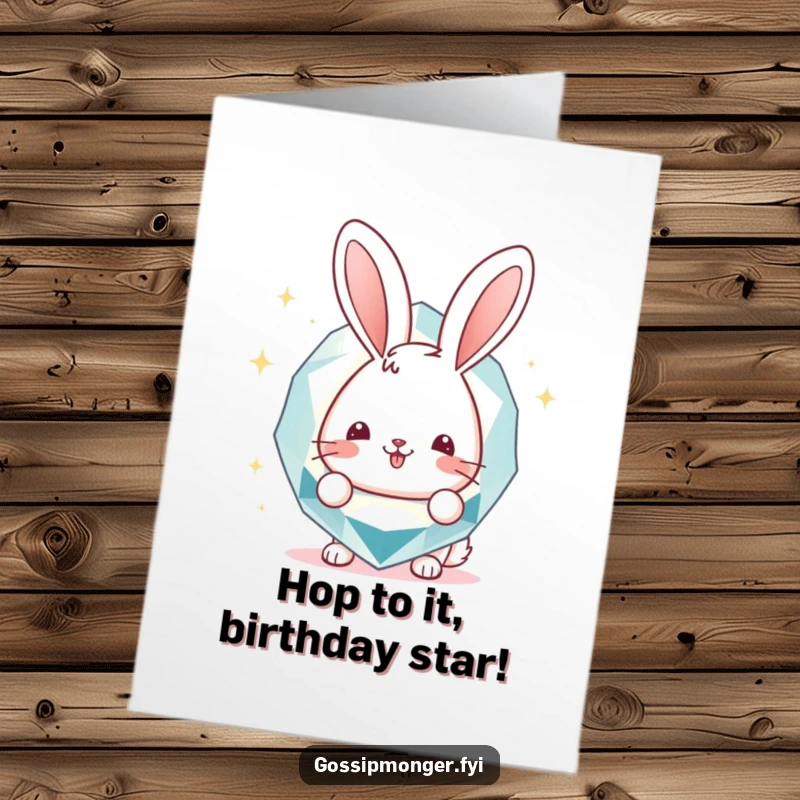 Funny Free Printable Birthday Card: Cheerful bunny peeking from behind a giant sparkly gemstone, ready to deliver birthday wishes.
