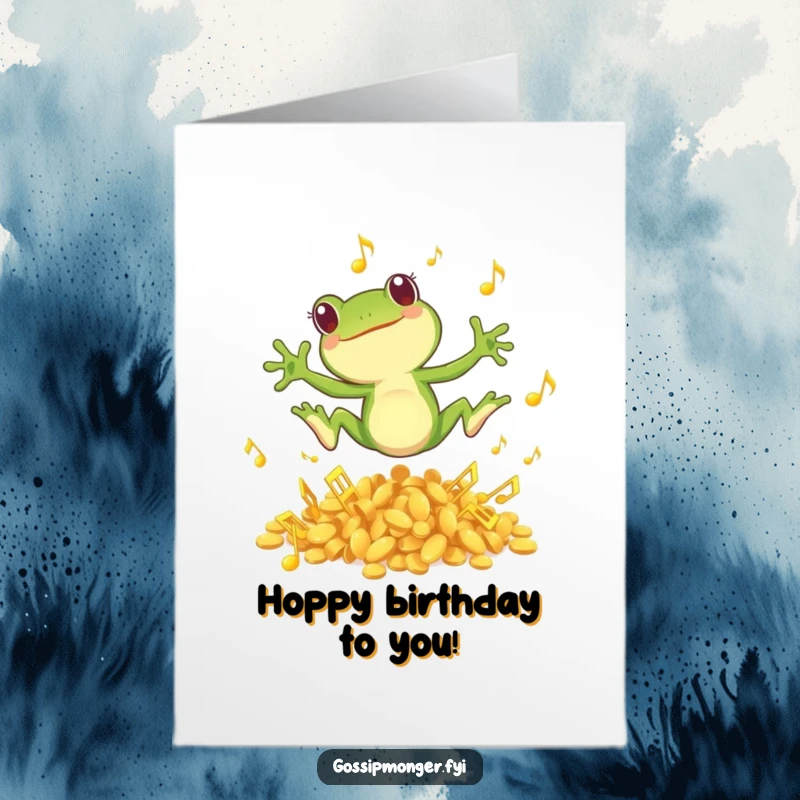 Funny Free Printable Birthday Card: A small green frog joyfully leaps from a pile of golden musical notes, celebrating with rhythm.
