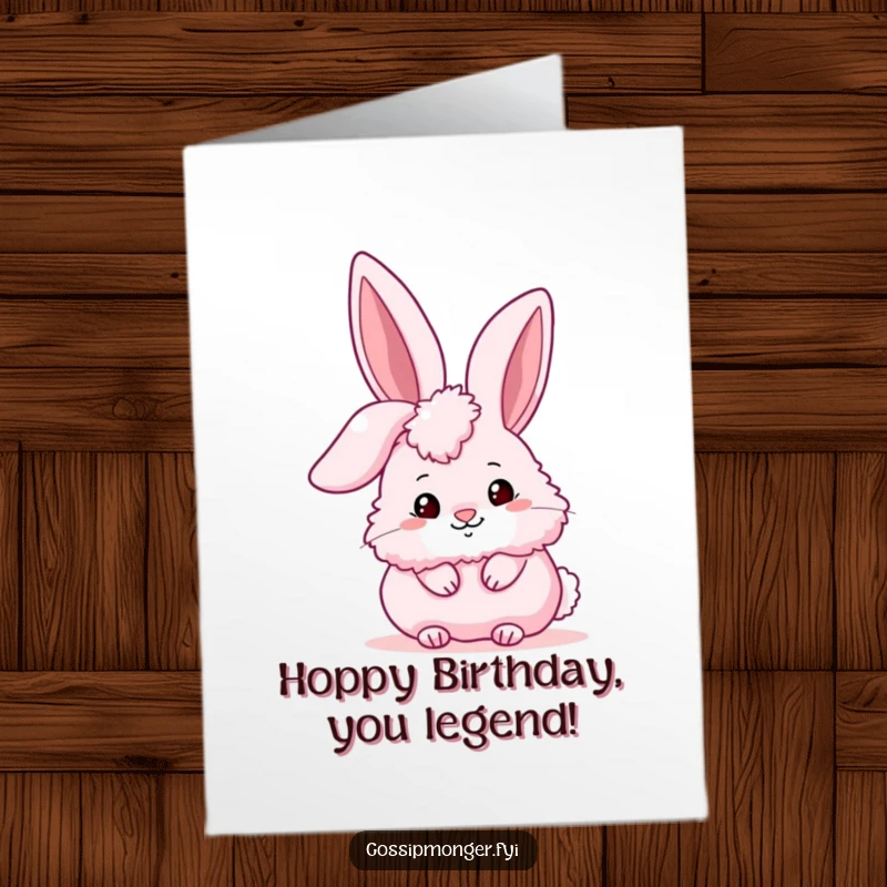 Funny Free Printable Birthday Card: a fluffy pink bunny peeking conspiratorially from behind its giant, stylized ear, sharing a secret.