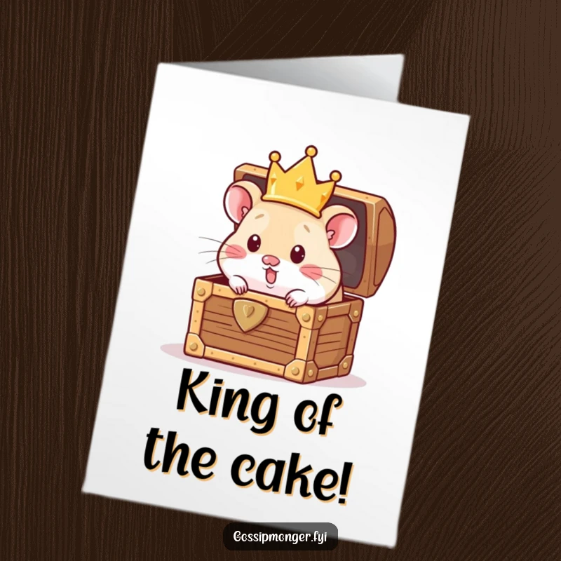 Funny Free Printable Birthday Card: Curious hamster in a tiny crown peeking from a treasure chest, ready for birthday riches.