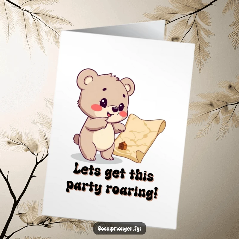 Funny Free Printable Birthday Card: A playful bear cub excitedly points to a hidden treasure map, ready for adventure.