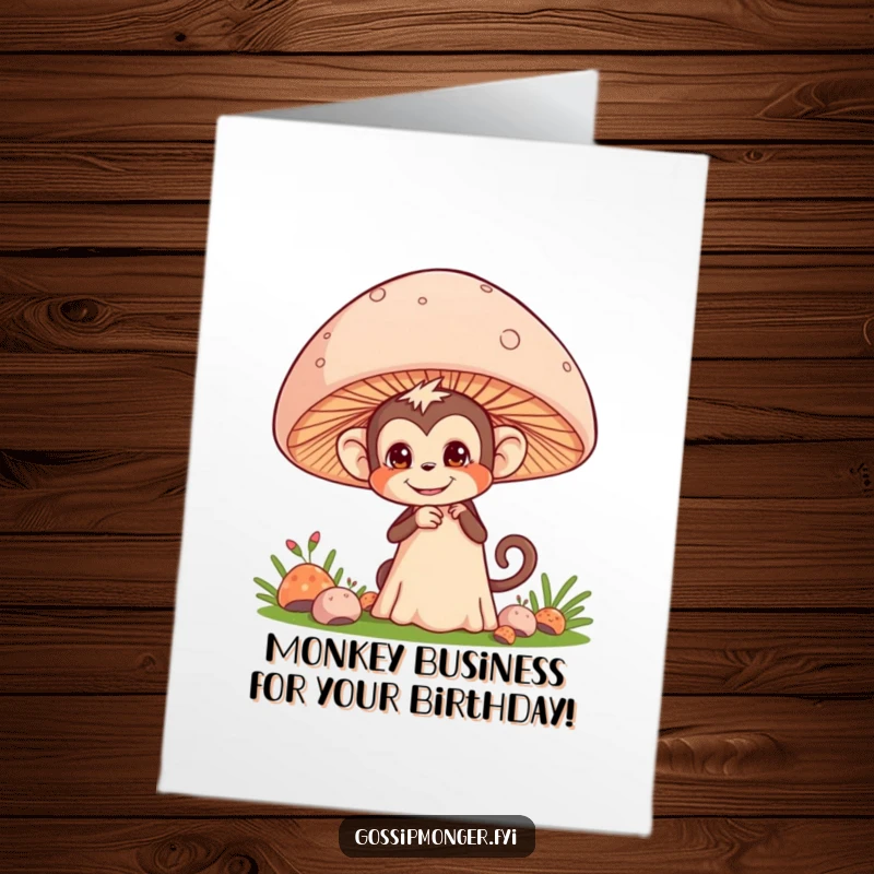 Funny Free Printable Birthday Card shows a mischievous monkey peeking from behind a mushroom, pretending to eavesdrop on birthday secrets.