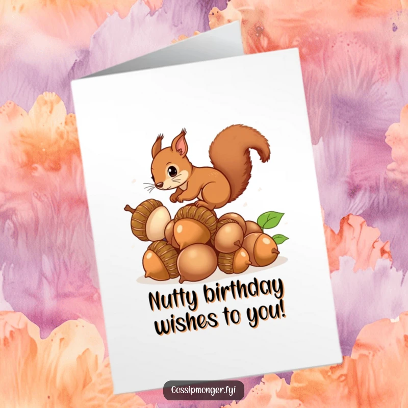 Funny Free Printable Birthday Card: Brown squirrel with bushy tail expertly balancing on a tower of huge, shiny acorns for a birthday wish.