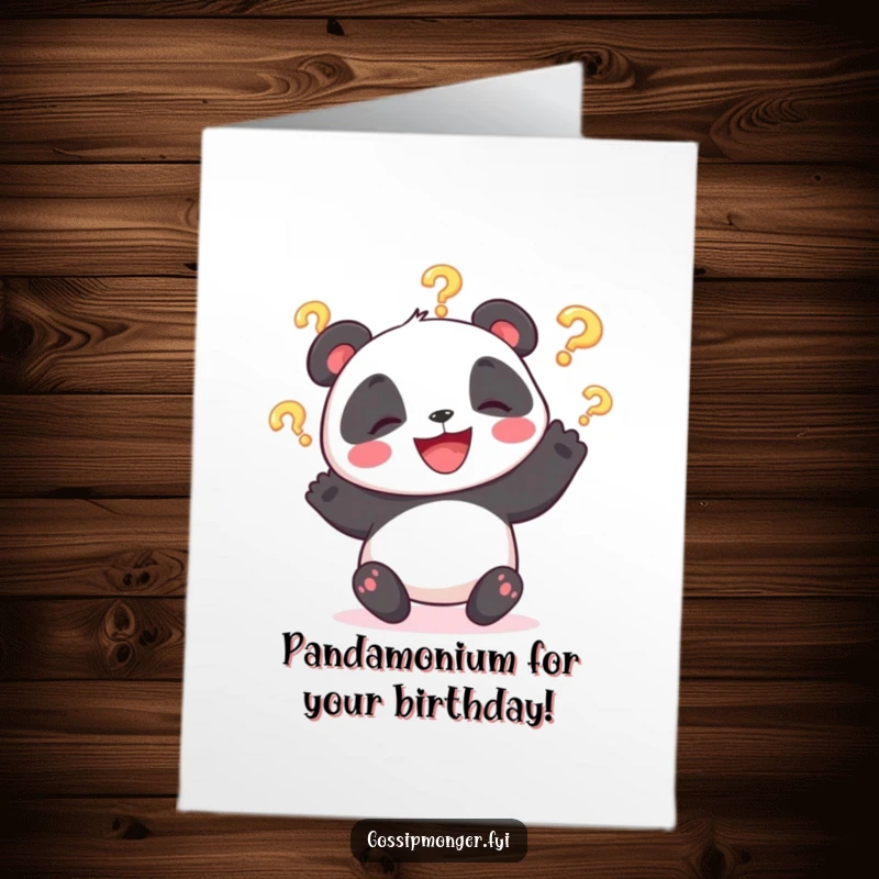 Funny Free Printable Birthday Card featuring a giggling panda bear joyfully juggling glowing question marks with a wide, infectious smile.